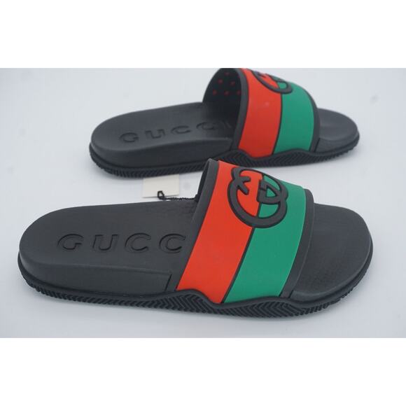 Gucci Agrado GG Logo Rubber Slide MuleSandals Size 35 G New $450 Red Green Black - Picture 2 of 12
